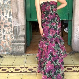 Fleur of Dreams Green and Pink Floral Print Organza Maxi Dress